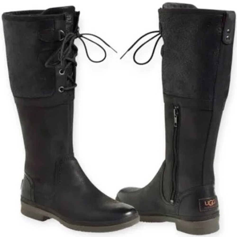 UGG Elsa Black‎ Waterproof Leather Tall Lace Up Boots 1008438 Womens 9